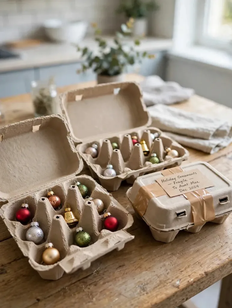 Cardboard egg cartons on a table with mini ornaments in each cup, one taped shut with a label