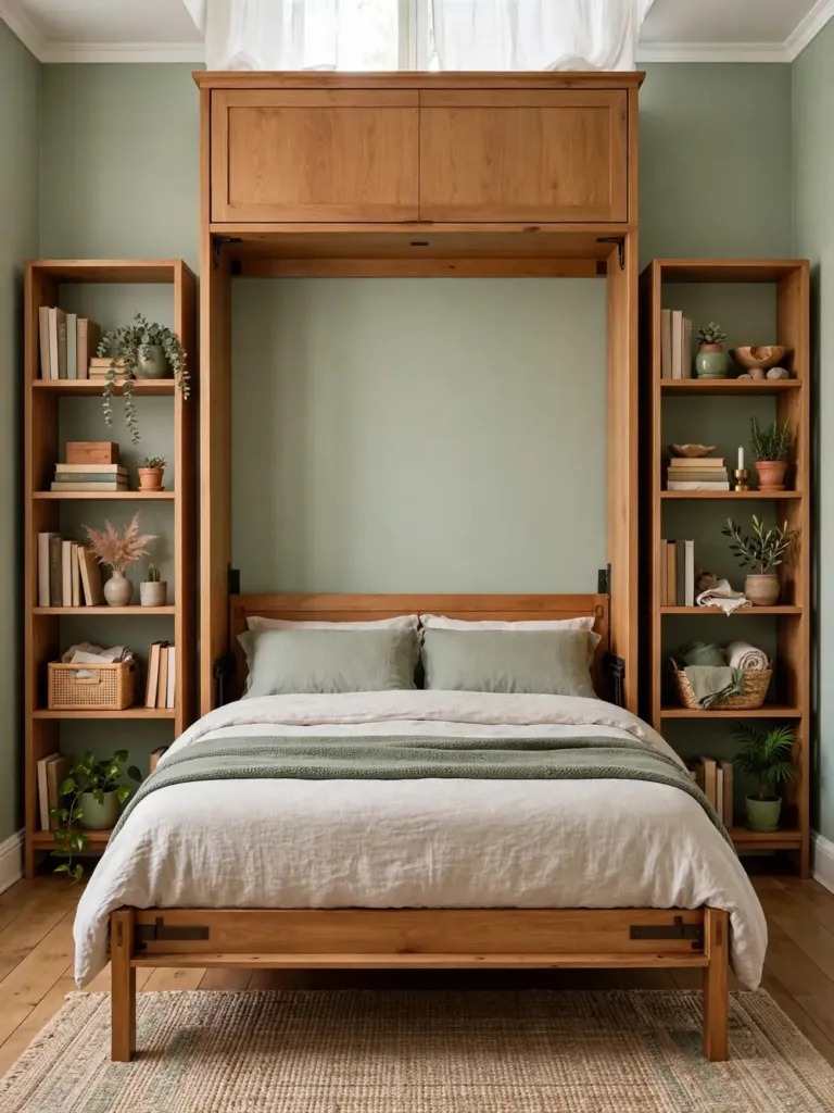 Murphy bed folded down between styled open shelves with books and plants