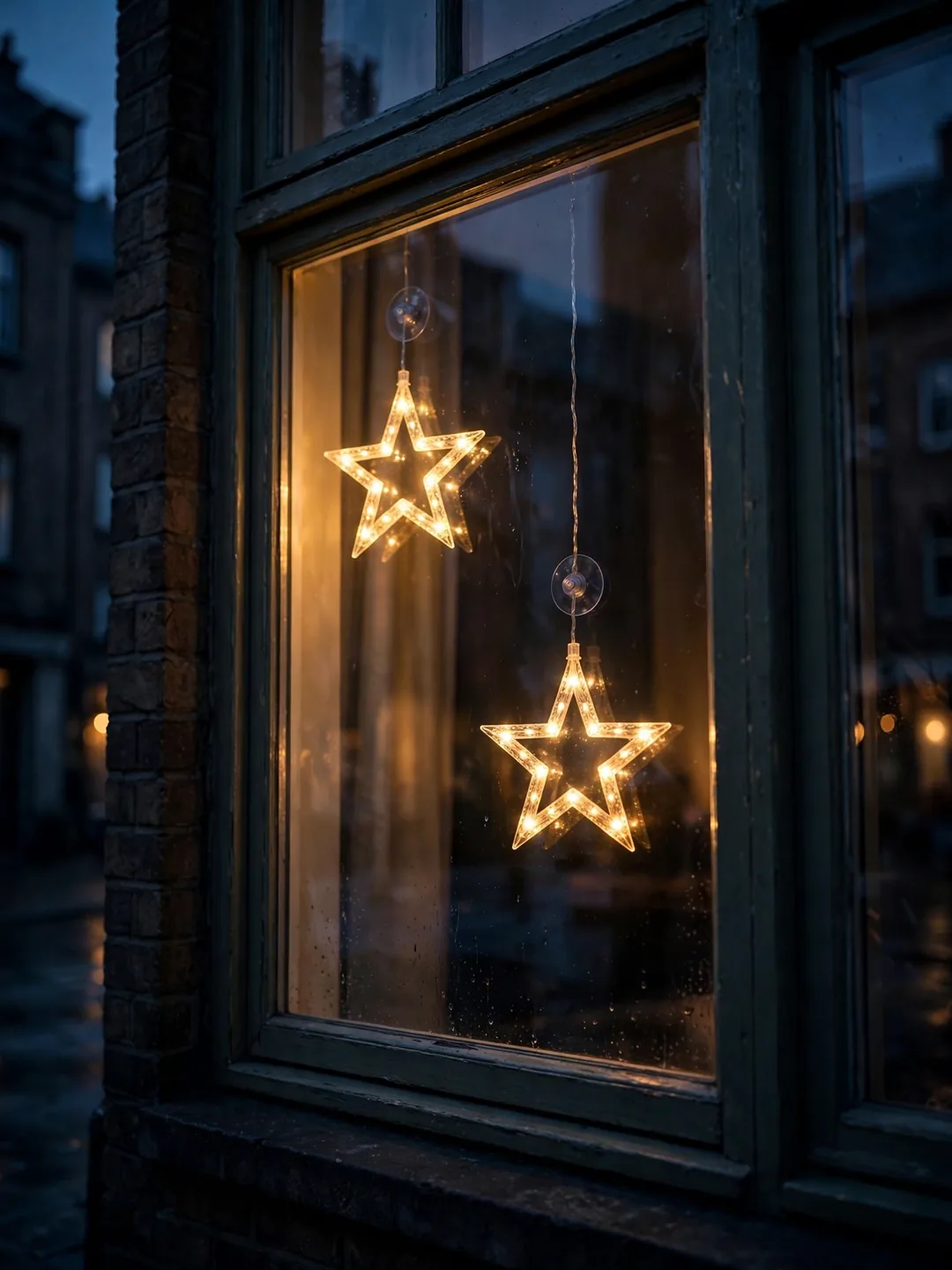 Two glowing star-shaped Christmas lights hanging at different heights inside an apartment window at dusk