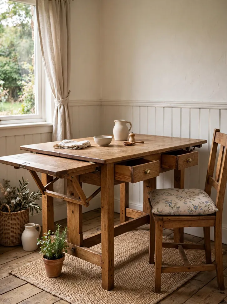 Open gateleg dining table with storage drawers in a cottage corner