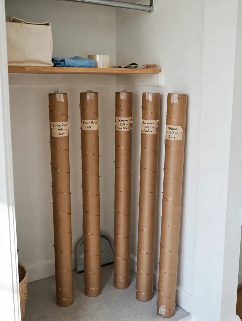 Wrapping paper tubes with string lights wound around them, labeled by room and length, in a closet