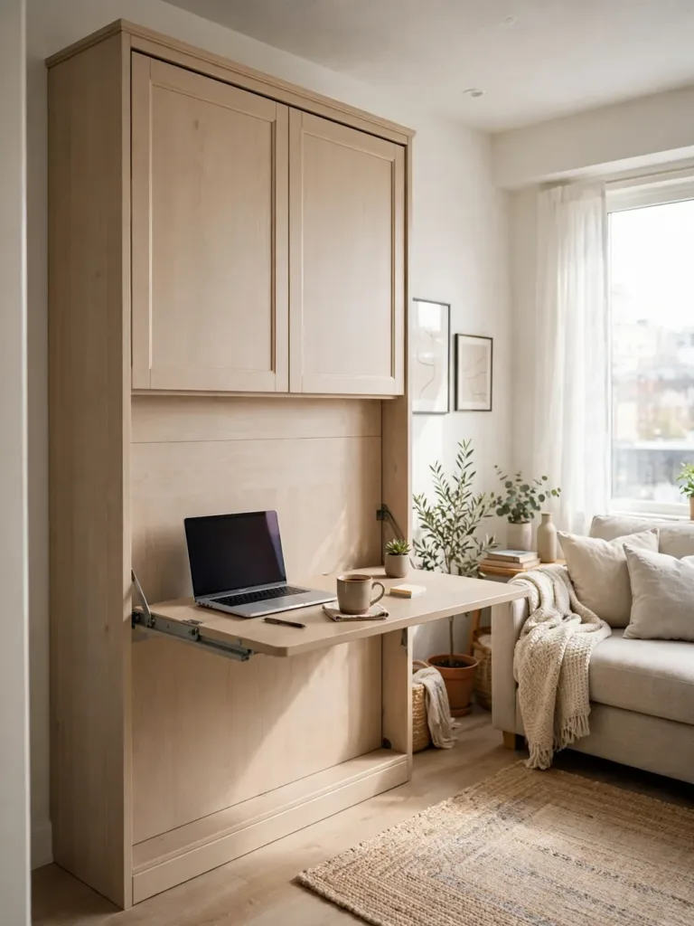 Murphy bed cabinet with a fold-down table open holding a laptop and coffee