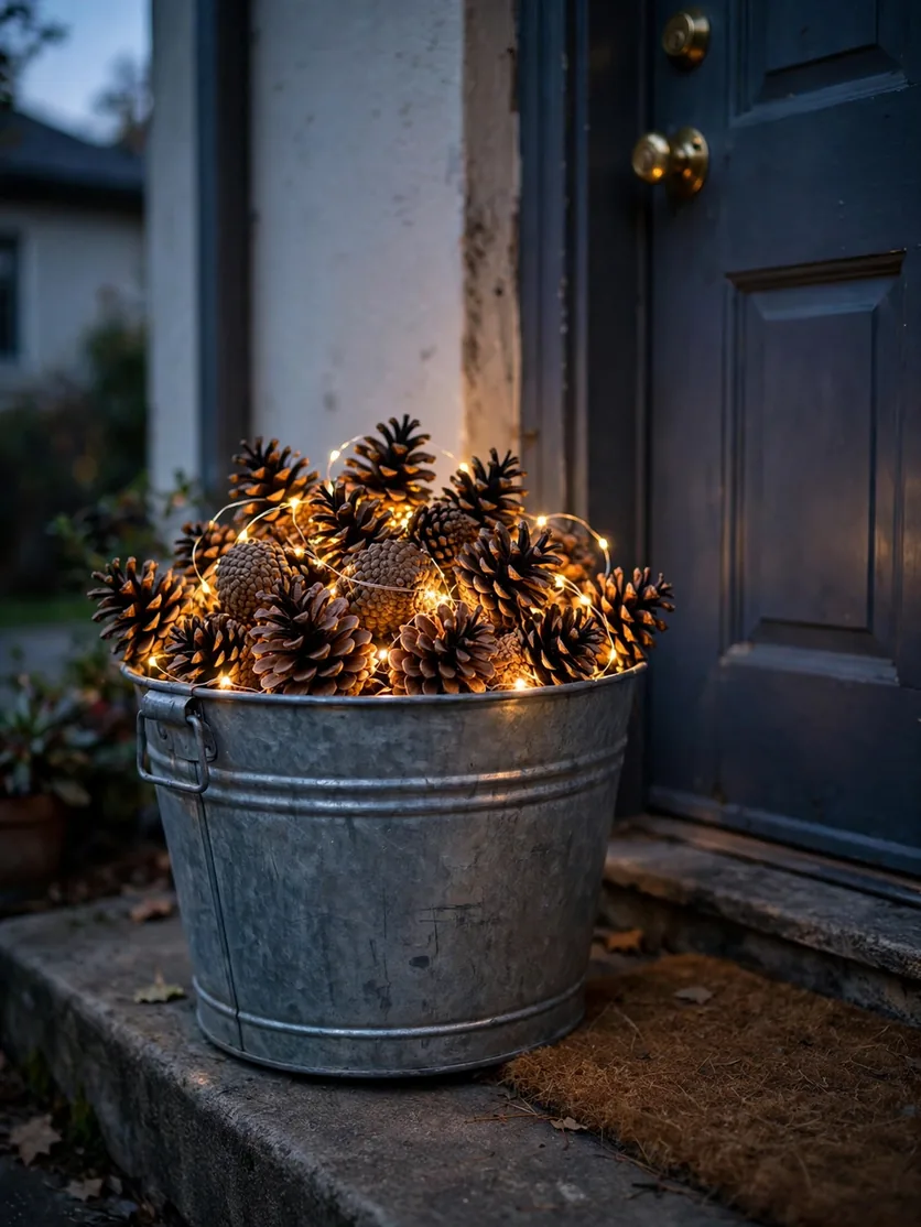 Galvanized metal bucket filled with pinecones interwoven with warm fairy lights beside an entry door