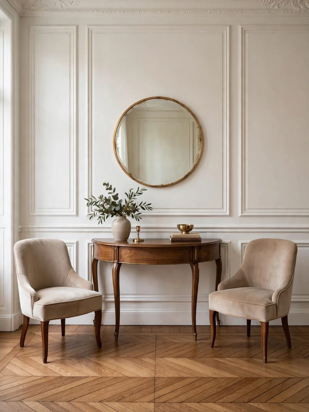 Half-moon demi-lune dining table against a wall with two chairs