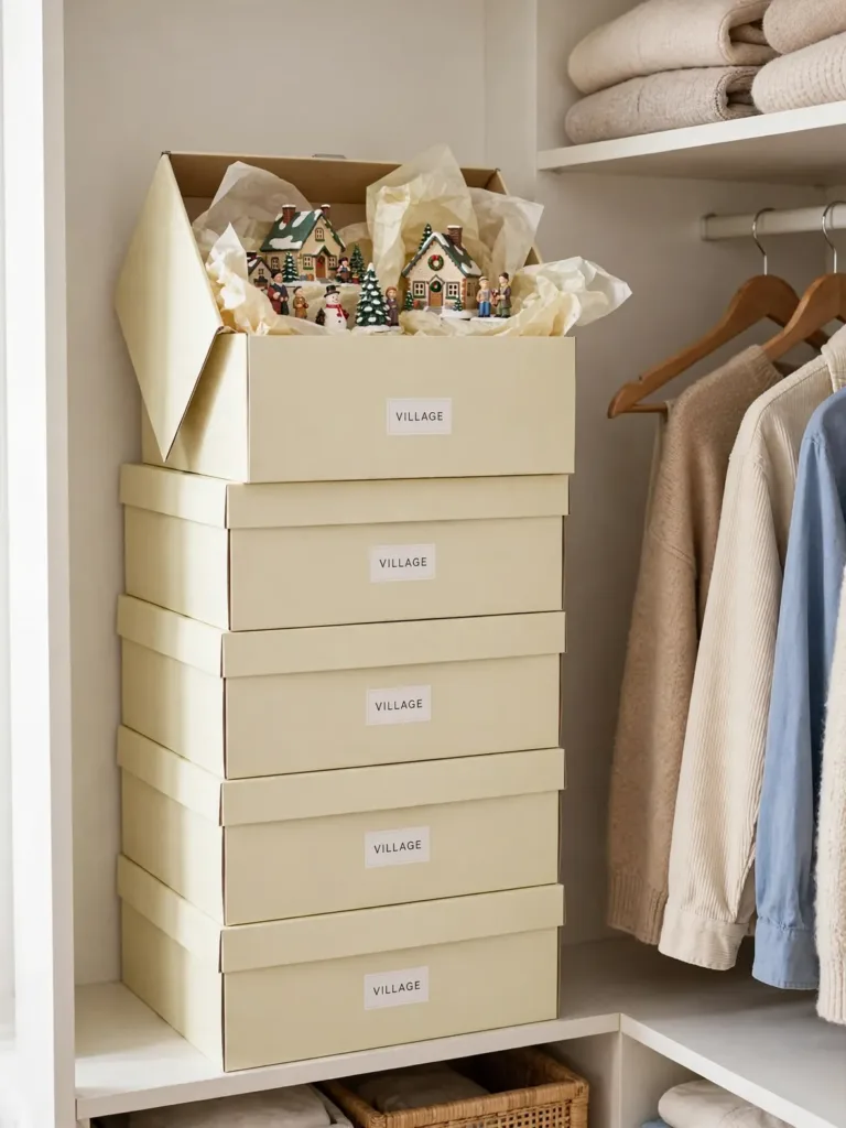 Stack of labeled VILLAGE shoe boxes in a closet, top box open with tissue-wrapped village houses