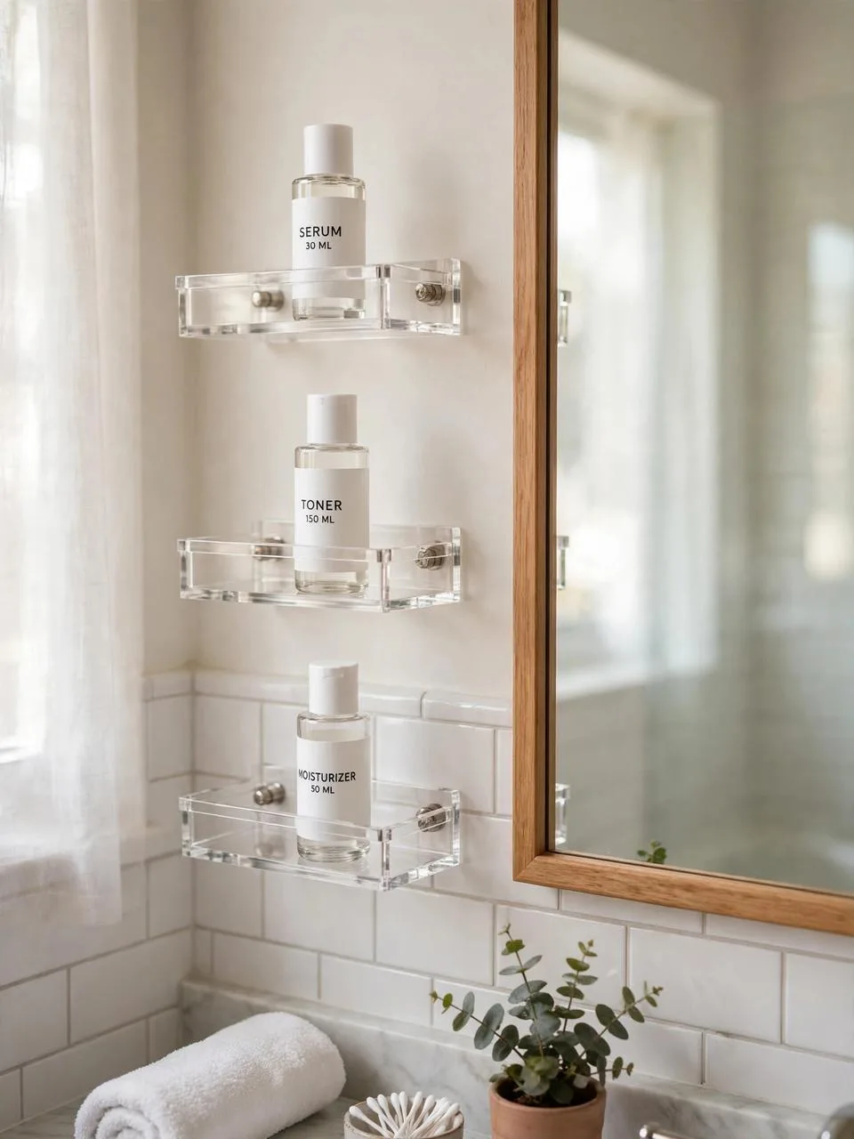 Acrylic spice racks used as toiletry shelves beside a bathroom mirror