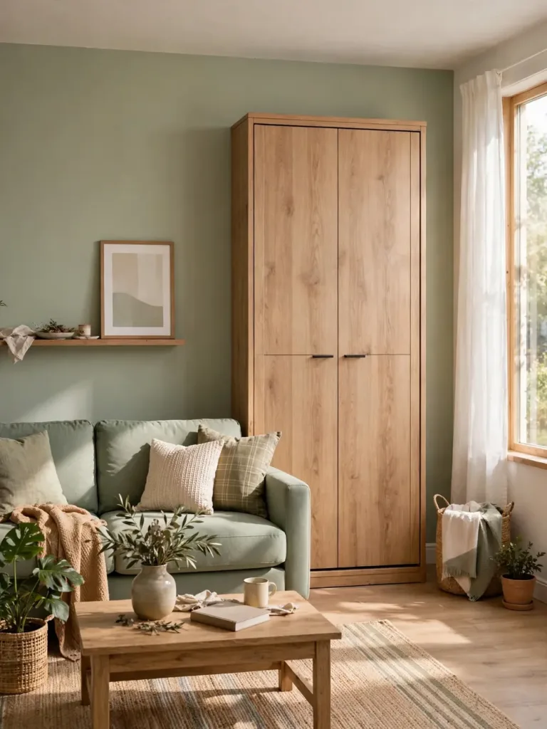 Freestanding murphy bed unit braced against a rental apartment wall