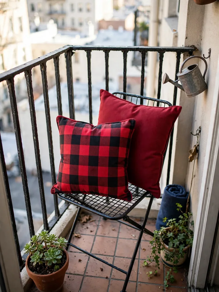 Small balcony chair with buffalo plaid and deep red weather-resistant Christmas throw pillows