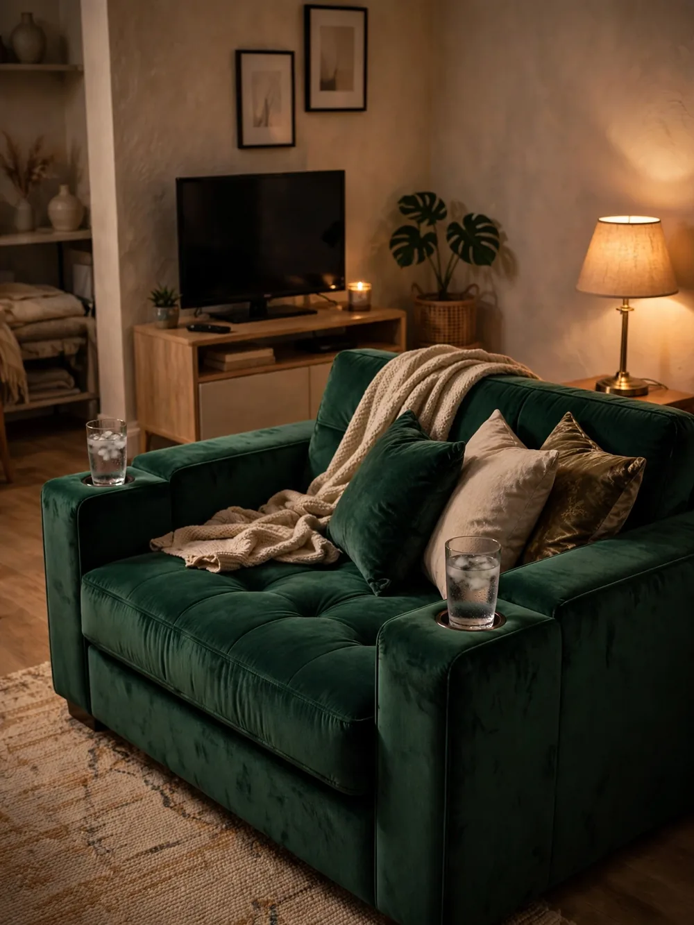 Velvet 3-in-1 convertible sofa bed with cup holders in the arms