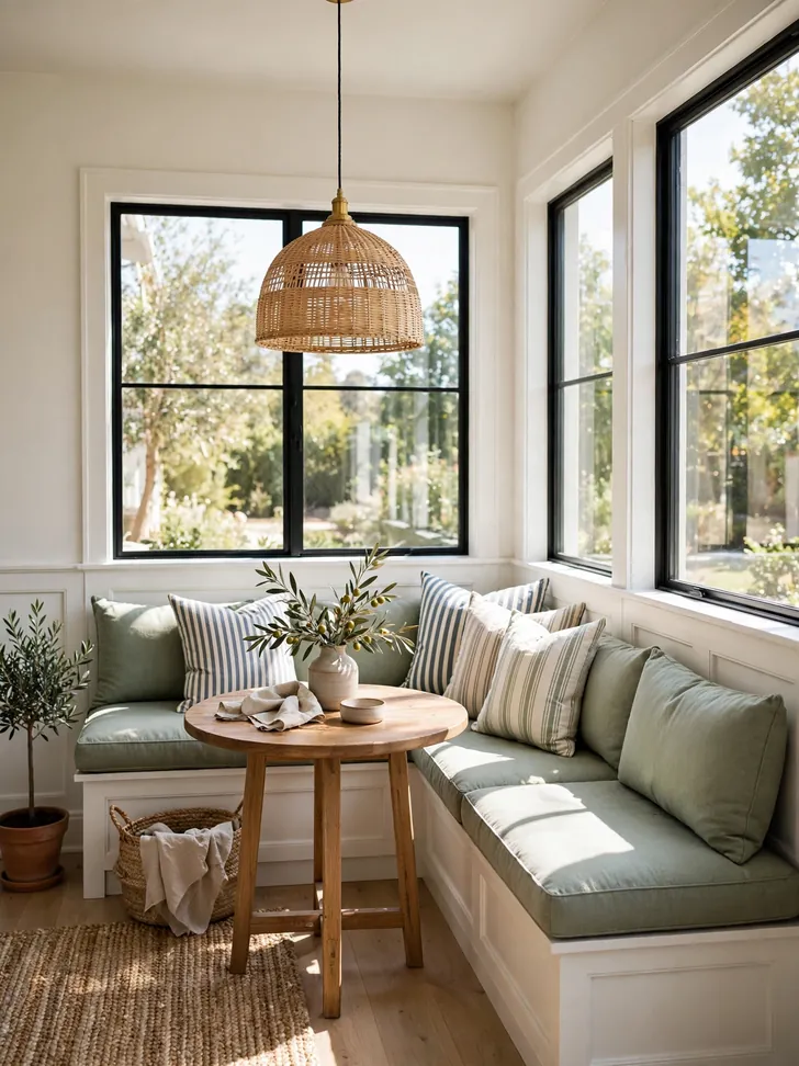 Corner banquette breakfast nook with a small round table