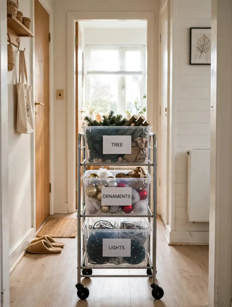 Three-tier rolling cart in a hallway holding bins labeled TREE, ORNAMENTS, and LIGHTS