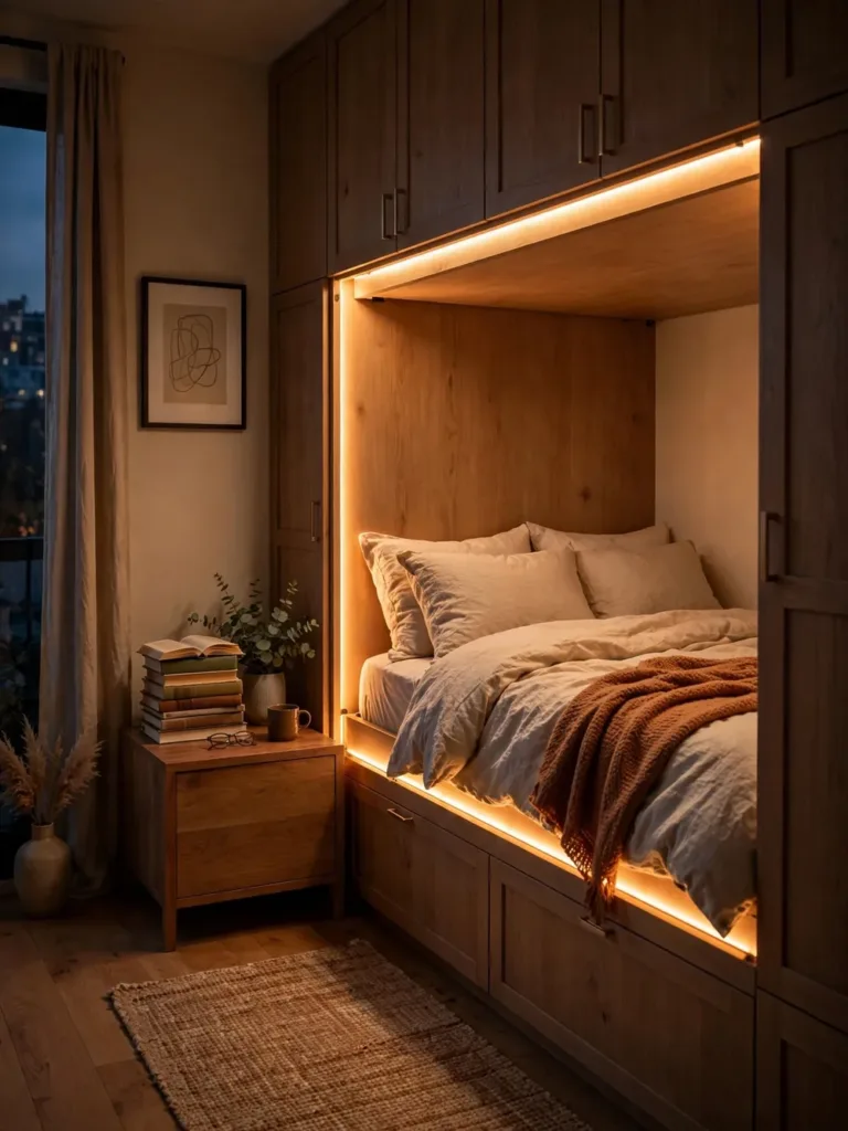 Murphy bed folded down with warm built-in LED strip lighting at night