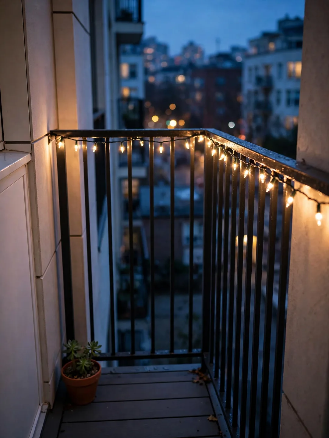 Narrow apartment balcony at dusk with a single strand of warm white string lights along the top rail
