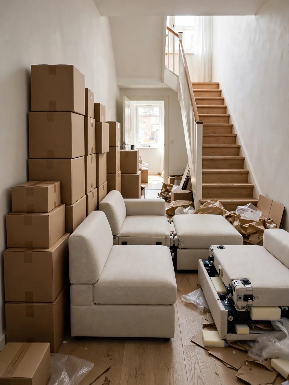 Modular box-delivery sofa bed sections in cardboard boxes in a hallway