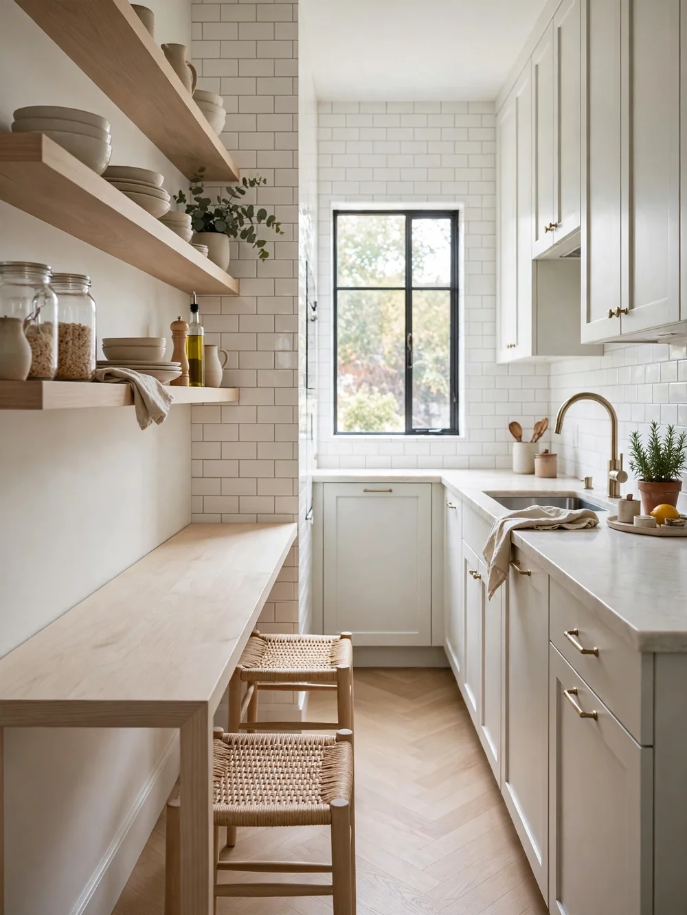 Narrow dining table fitting a slim galley kitchen