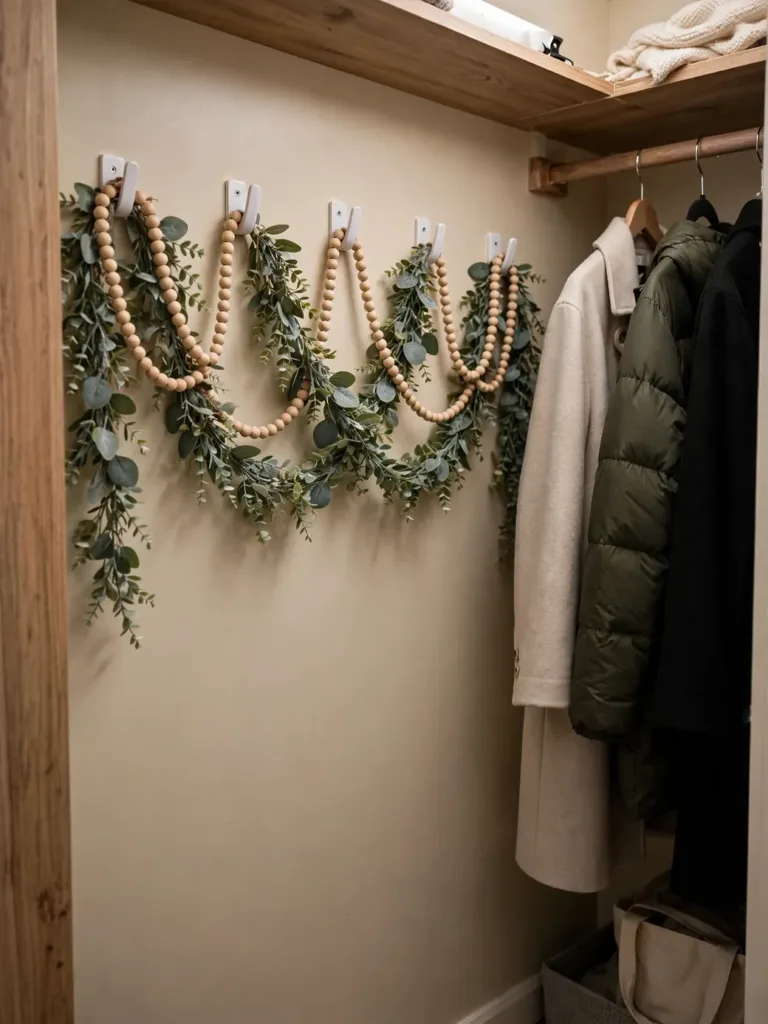 Beaded and eucalyptus garlands hanging on adhesive hooks inside a closet