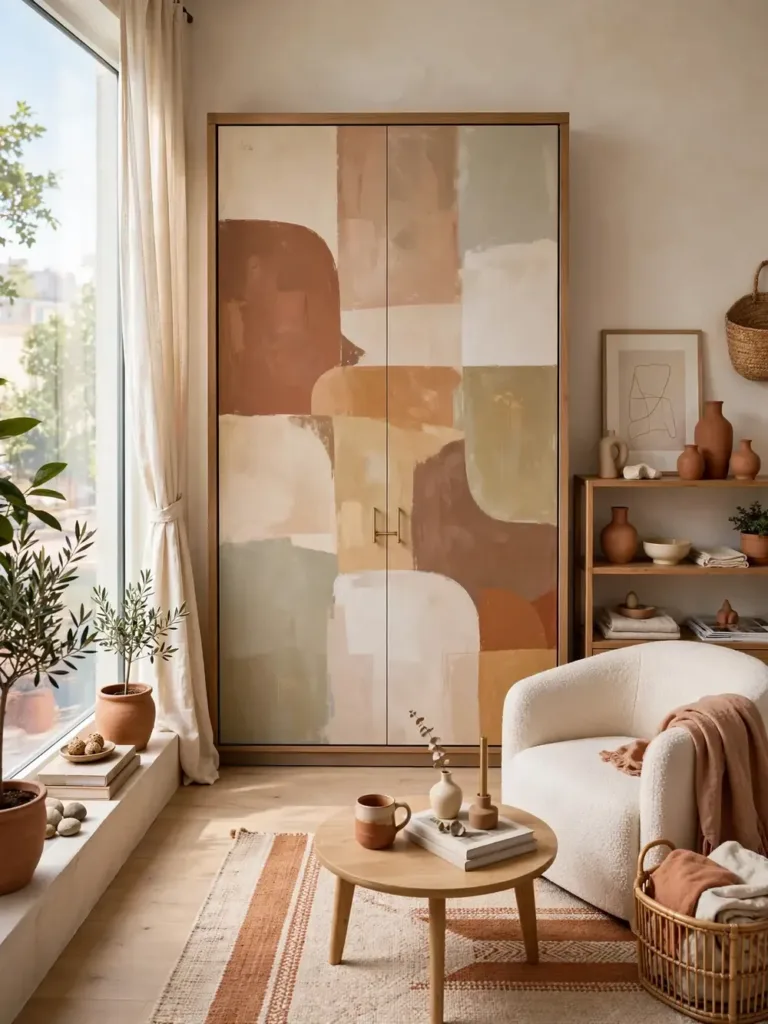 Designer murphy bed cabinet with an abstract art panel front