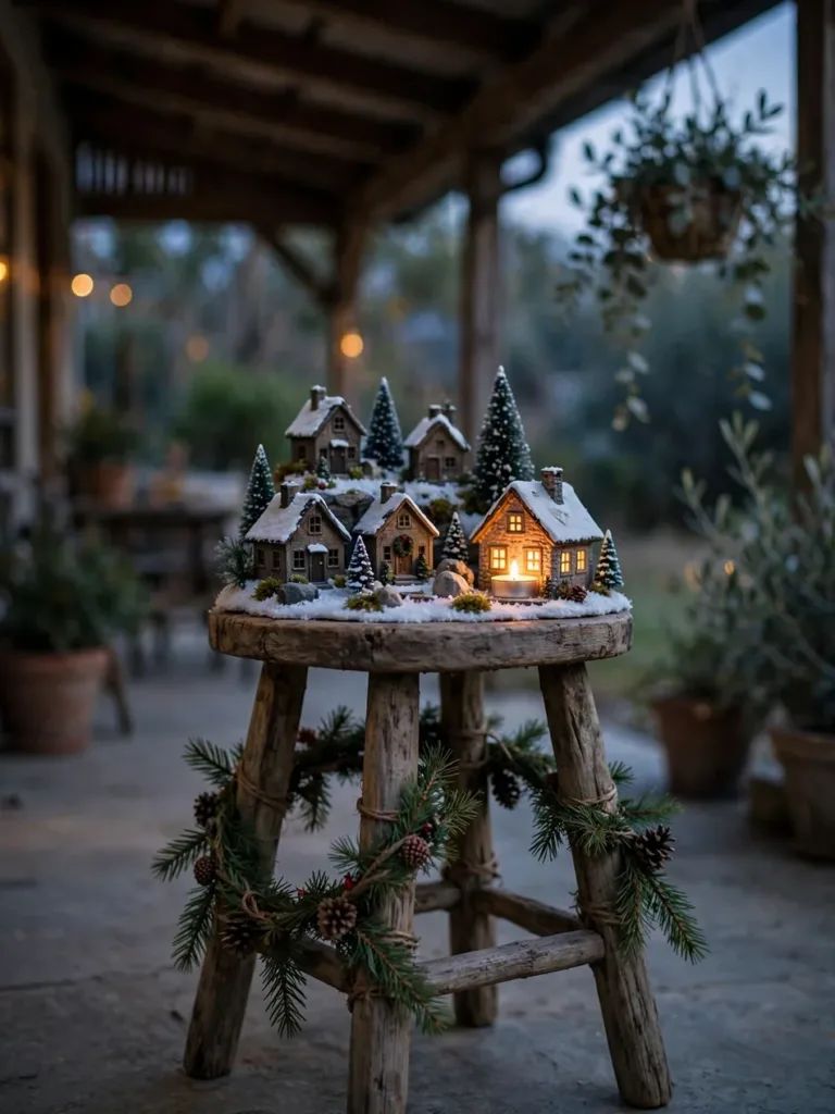 Small wooden stool on a covered patio holding a miniature Christmas village with a glowing tea light