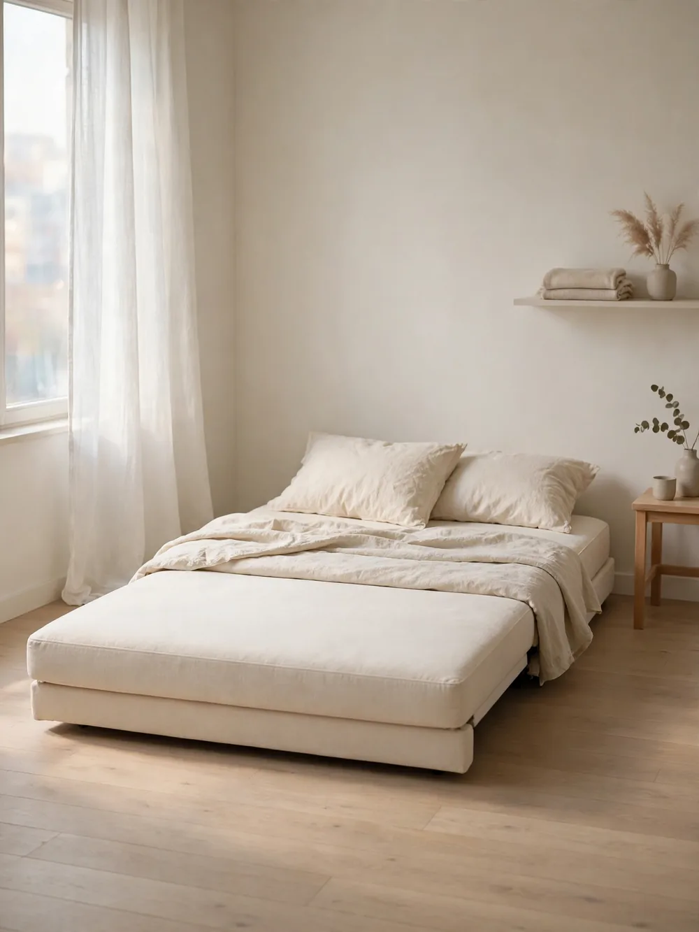 Deep-seat fold-out sofa bed with no metal mechanism, seat unfolding