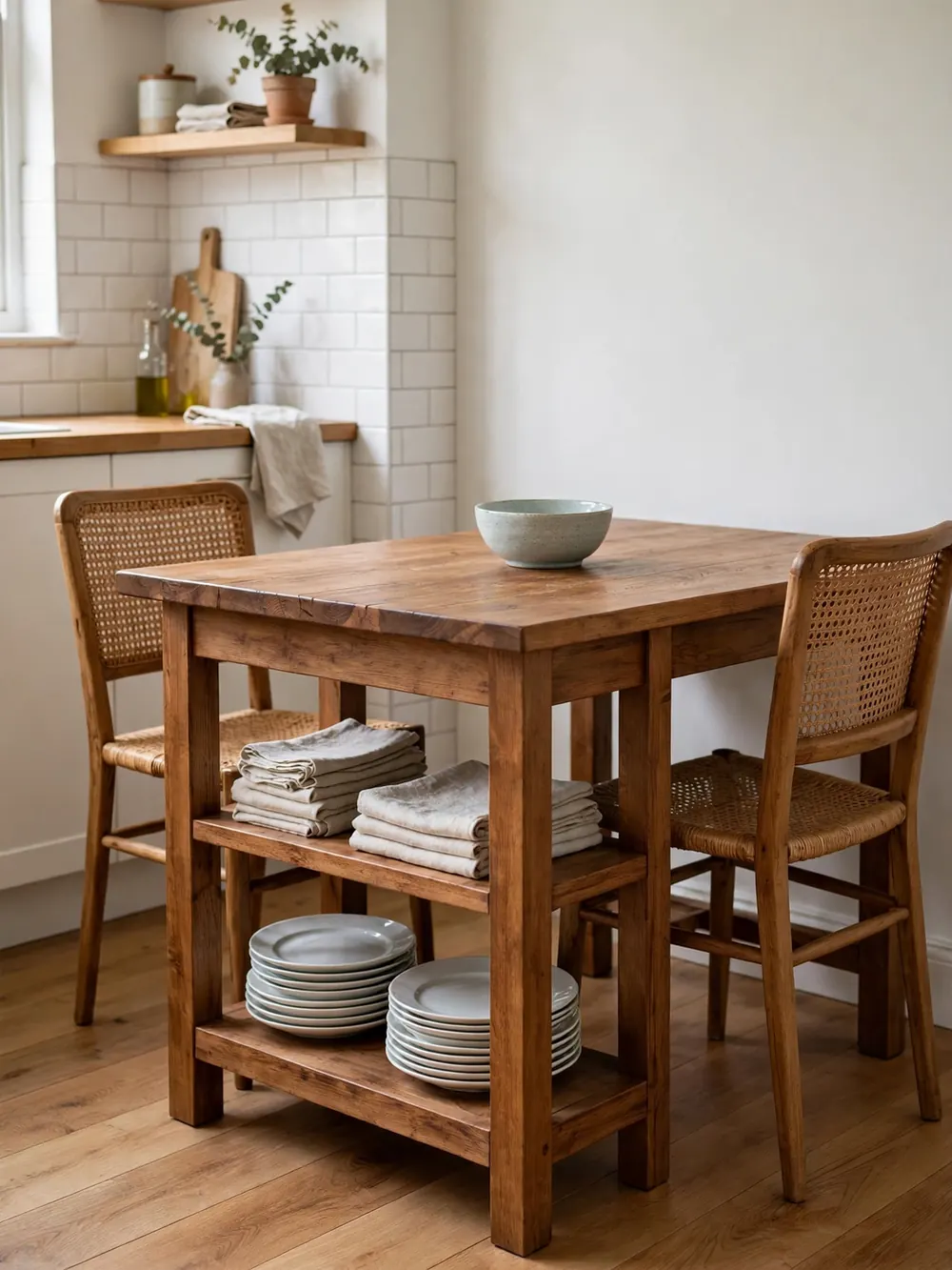 Wooden dining table with open storage shelves in its base holding plates and linens