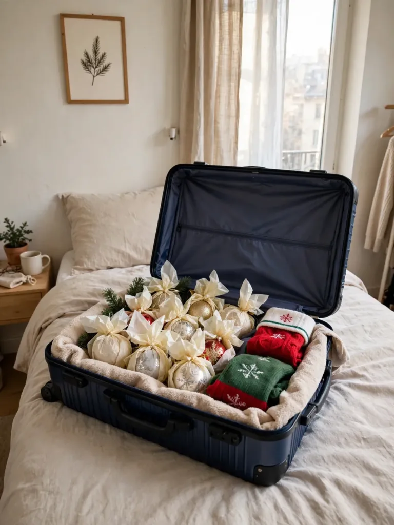 Open hard-shell suitcase on a bed packed with tissue-wrapped ornaments and stockings