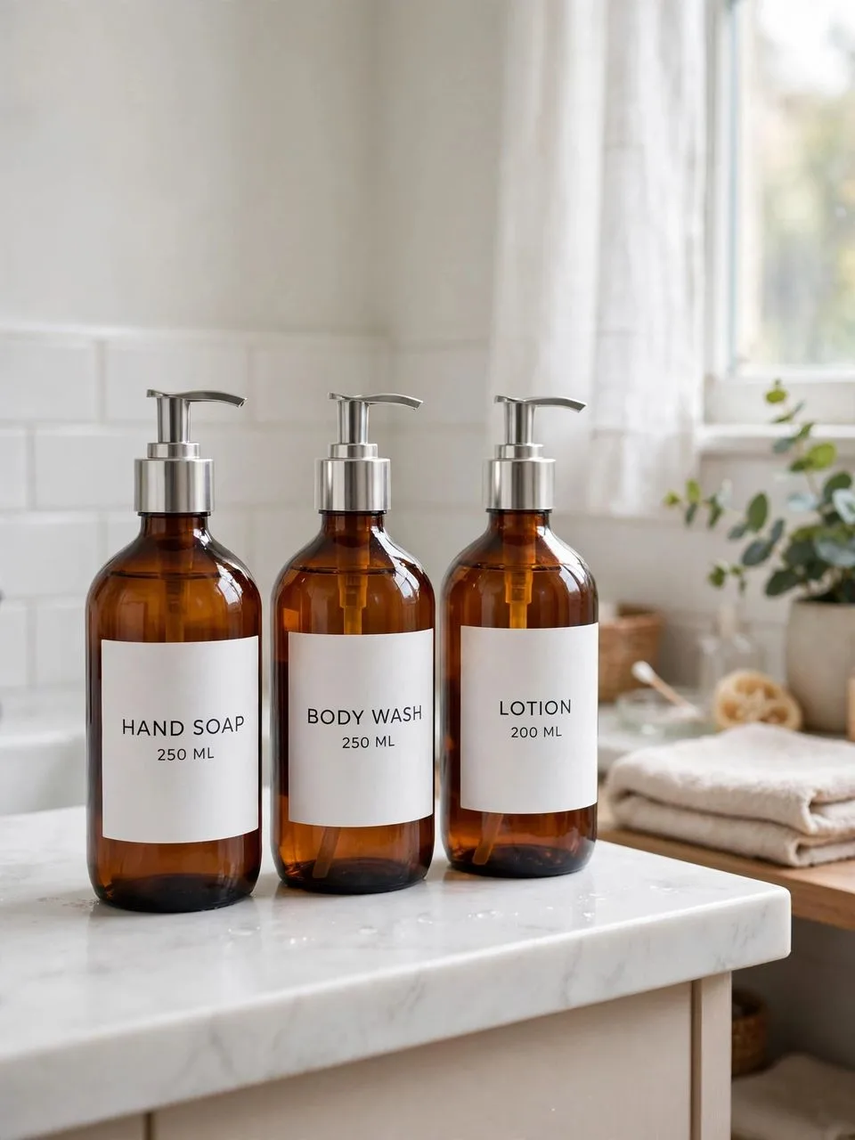 Matching labeled pump bottles decanted for a tidy bathroom counter