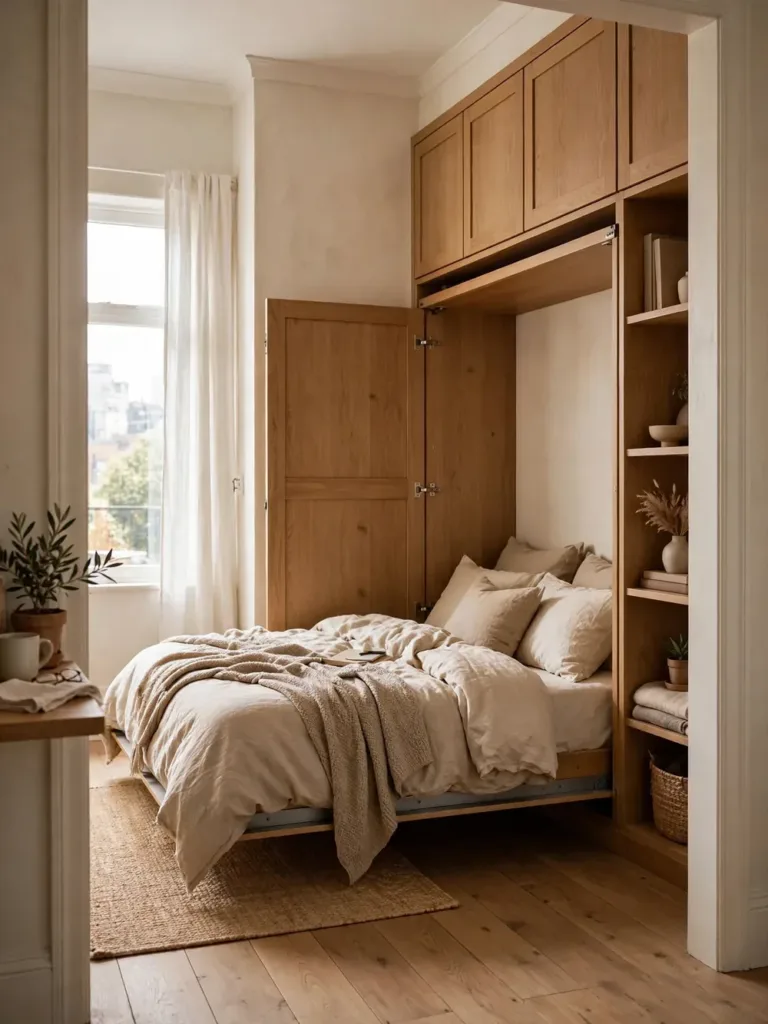 Corner-fit murphy bed folded down in an L-shaped bedroom alcove