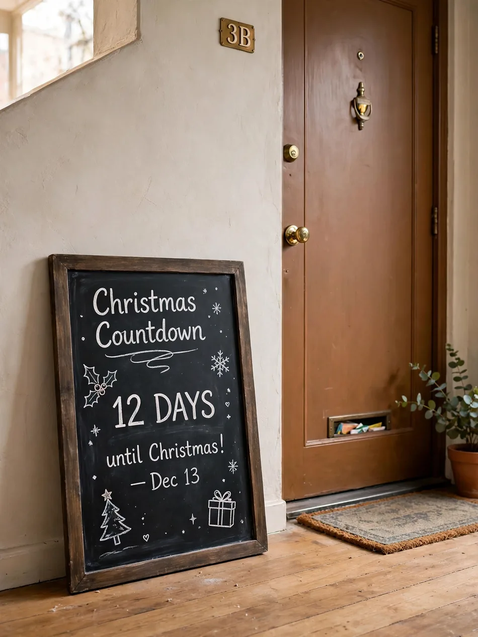 Chalkboard sign with a handwritten Christmas countdown leaning against the wall beside an apartment door