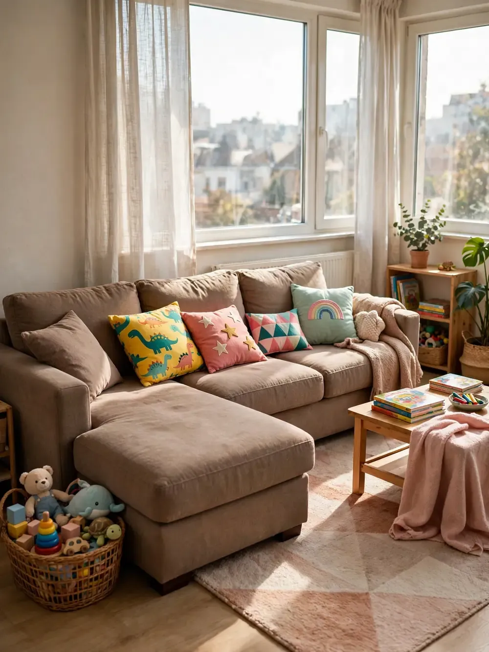 L-shaped sectional sleeper with reversible chaise in a family living room
