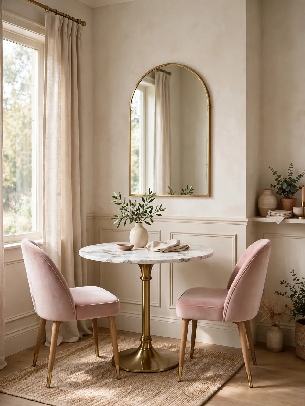 Marble-look round dining table with brass base and velvet chairs