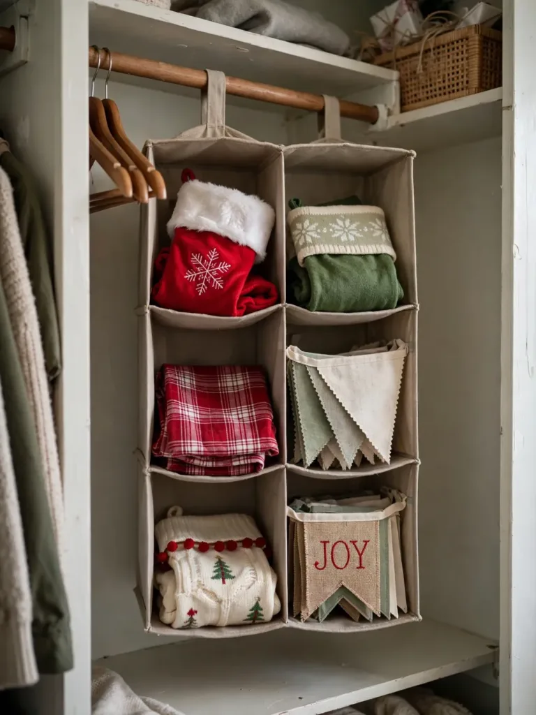Hanging fabric organizer in a closet with stockings, banners, and a JOY banner in its cubbies