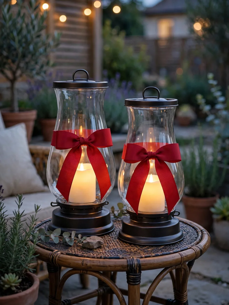 Two glass hurricane lanterns tied with wide red bows on a small patio table at dusk — tiny porch Christmas decorations