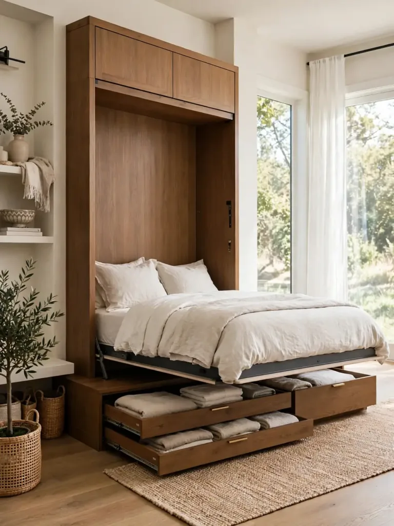 Murphy bed cabinet with deep storage drawers open showing folded bedding