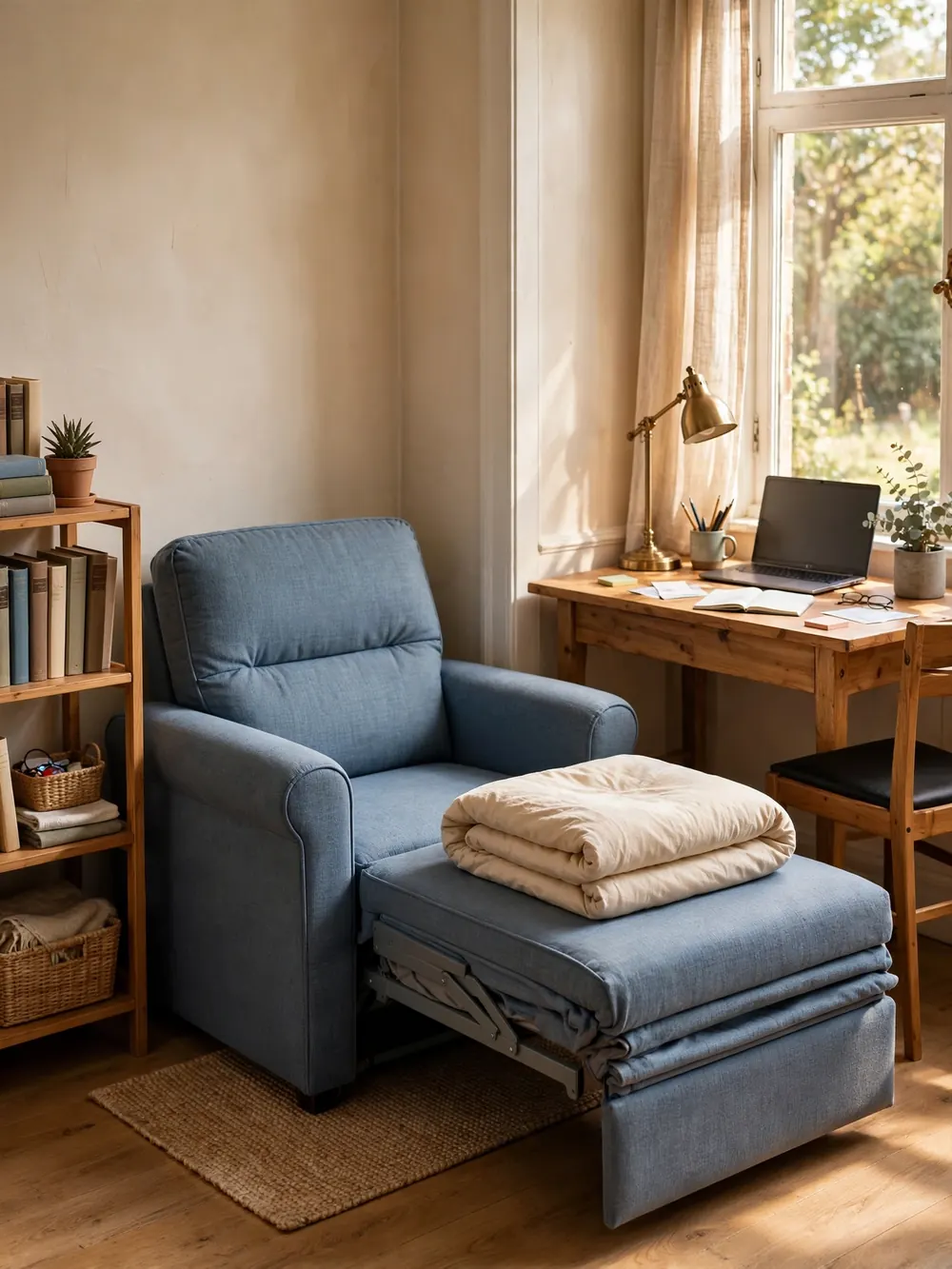 Sleeper chair unfolding into a single twin XL bed in a home office