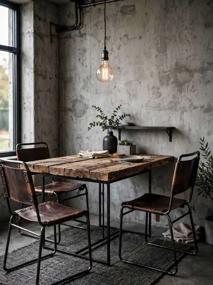 Industrial metal-frame dining table with reclaimed wood top