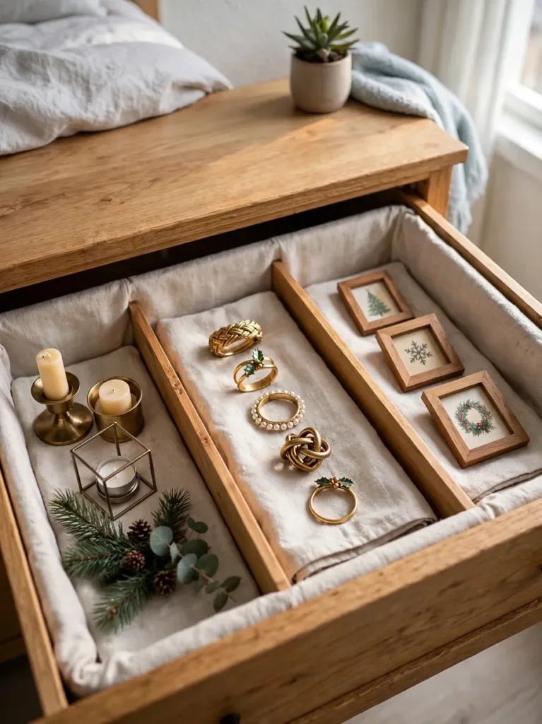 Open dresser drawer with dividers holding candle holders, napkin rings, and small framed ornaments