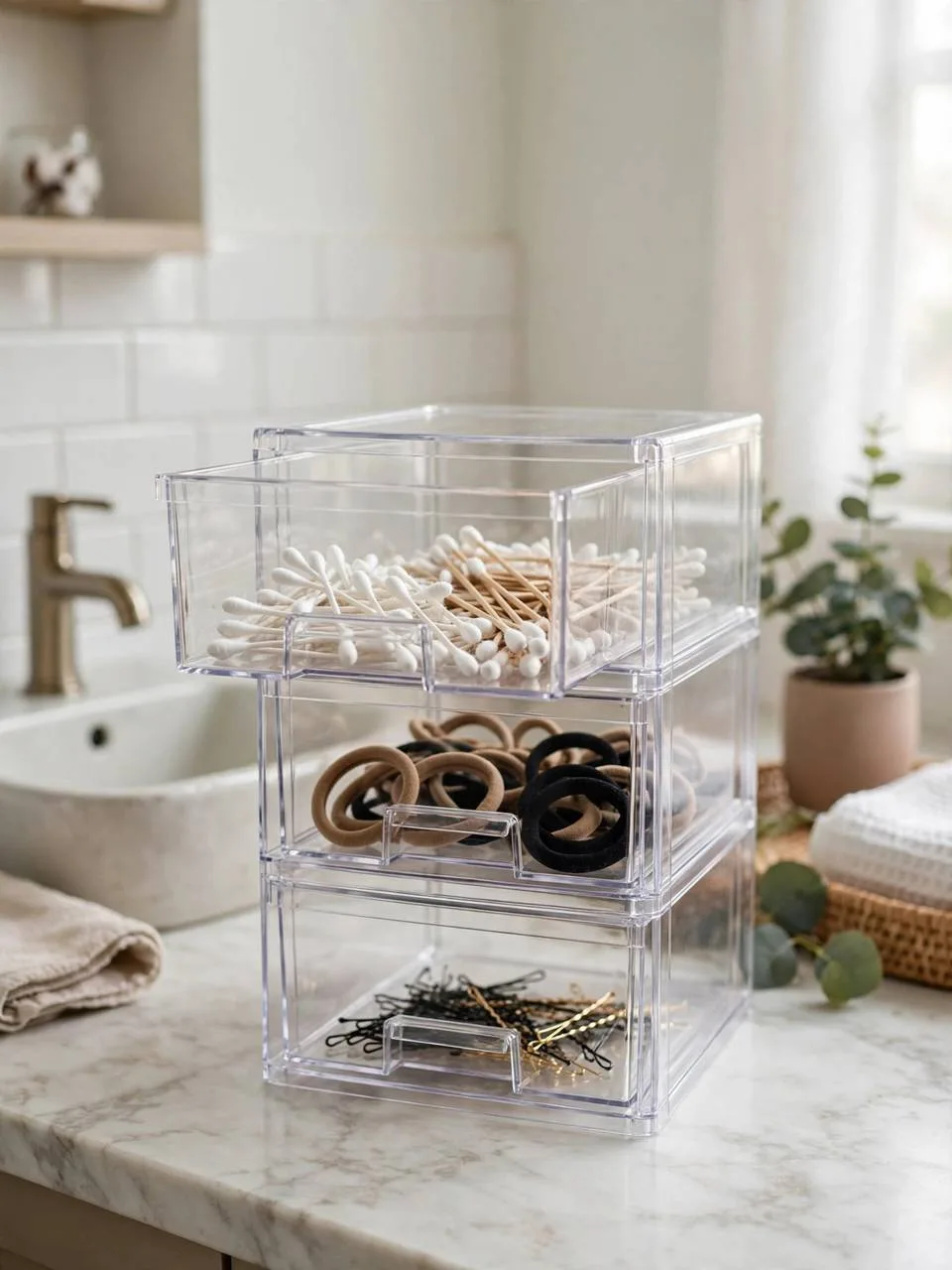 Clear stackable drawers sorting small bathroom items by category