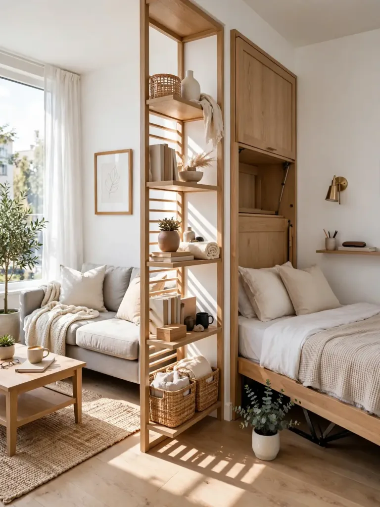 Room-divider open shelving separating a murphy bed sleeping zone in a studio