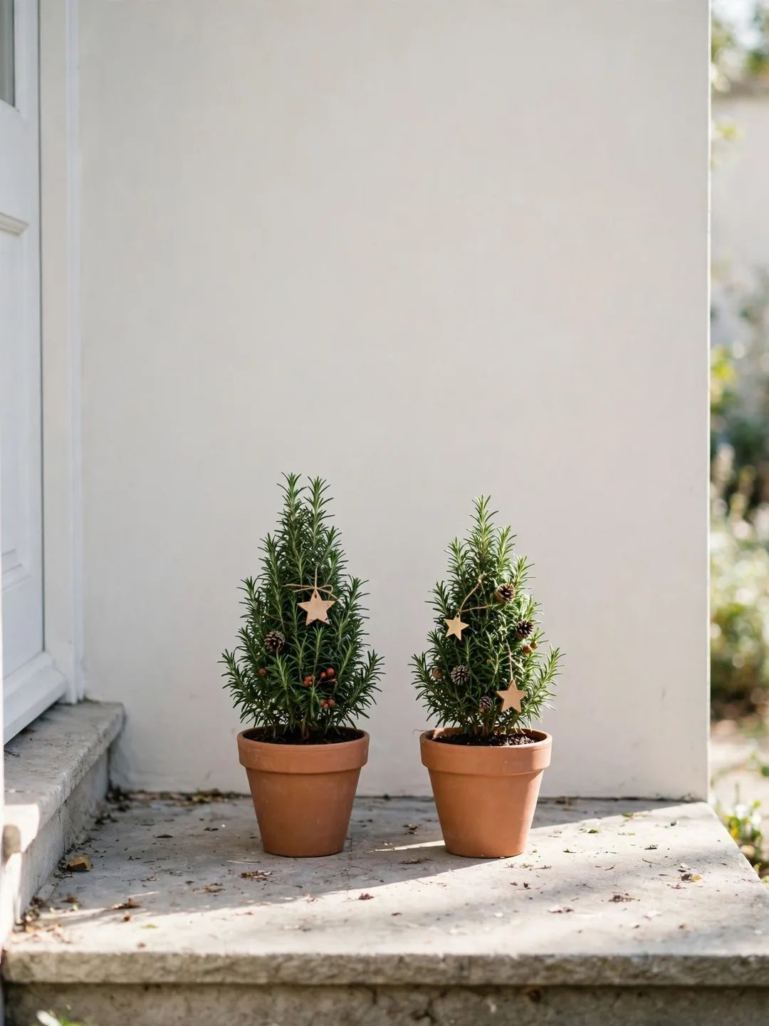 Two rosemary topiary cones in terracotta pots decorated with tiny lightweight Christmas ornaments