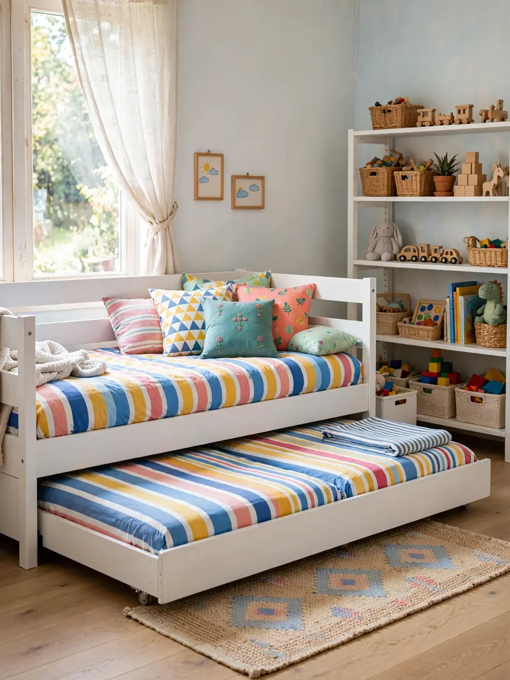 Daybed with pull-out trundle in a kids room, trundle half out