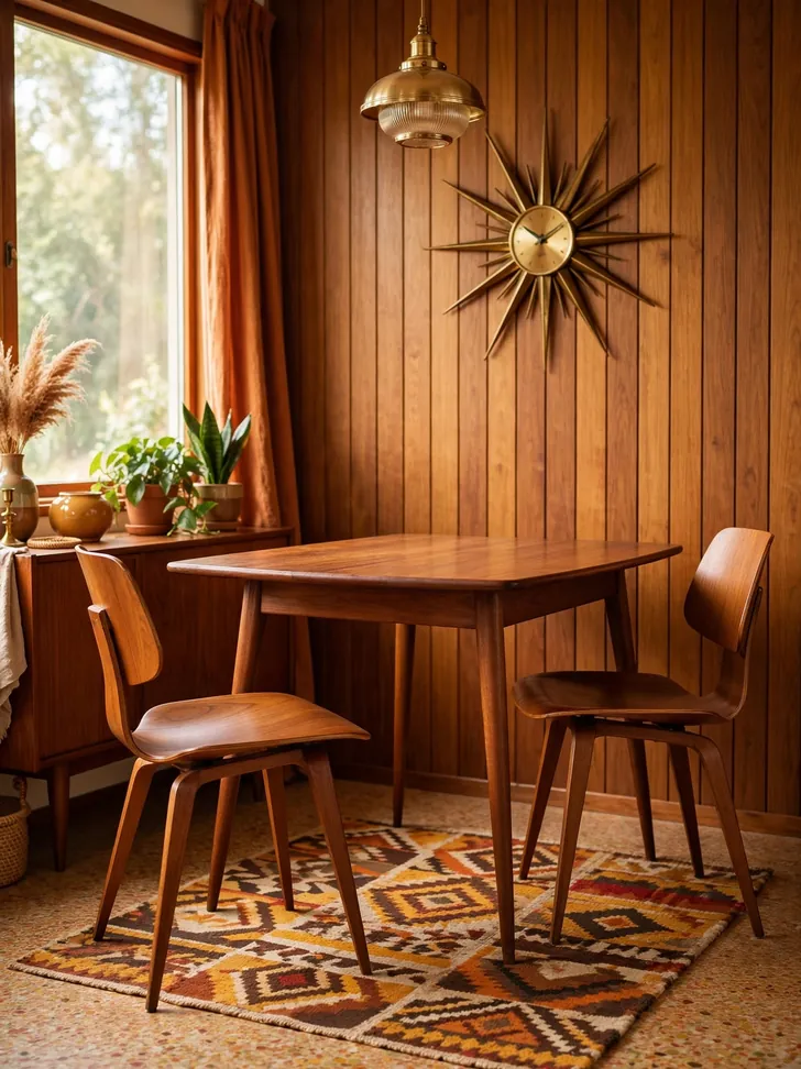 Mid-century teak dining table with tapered legs and molded chairs