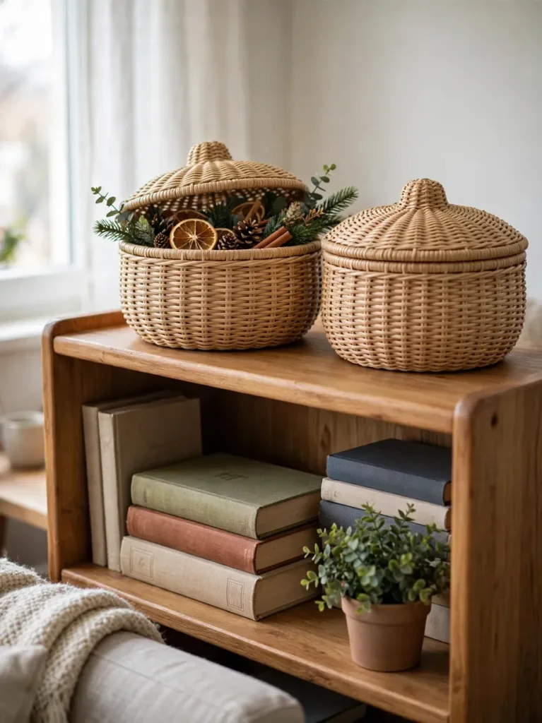Two lidded woven baskets with holiday decor styled on top of a bookshelf