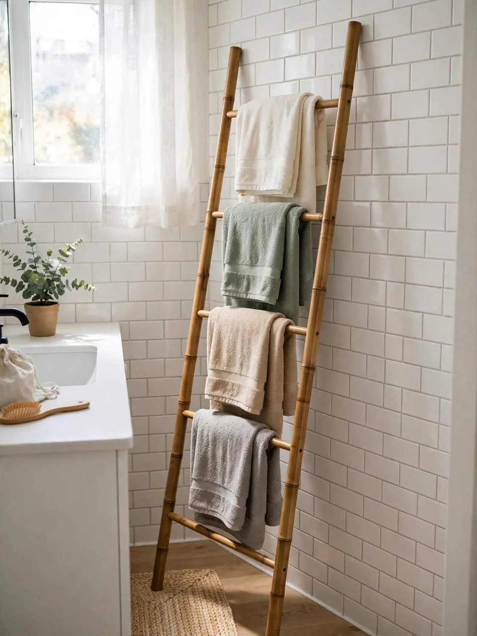Bamboo towel ladder holding folded towels in a small bathroom