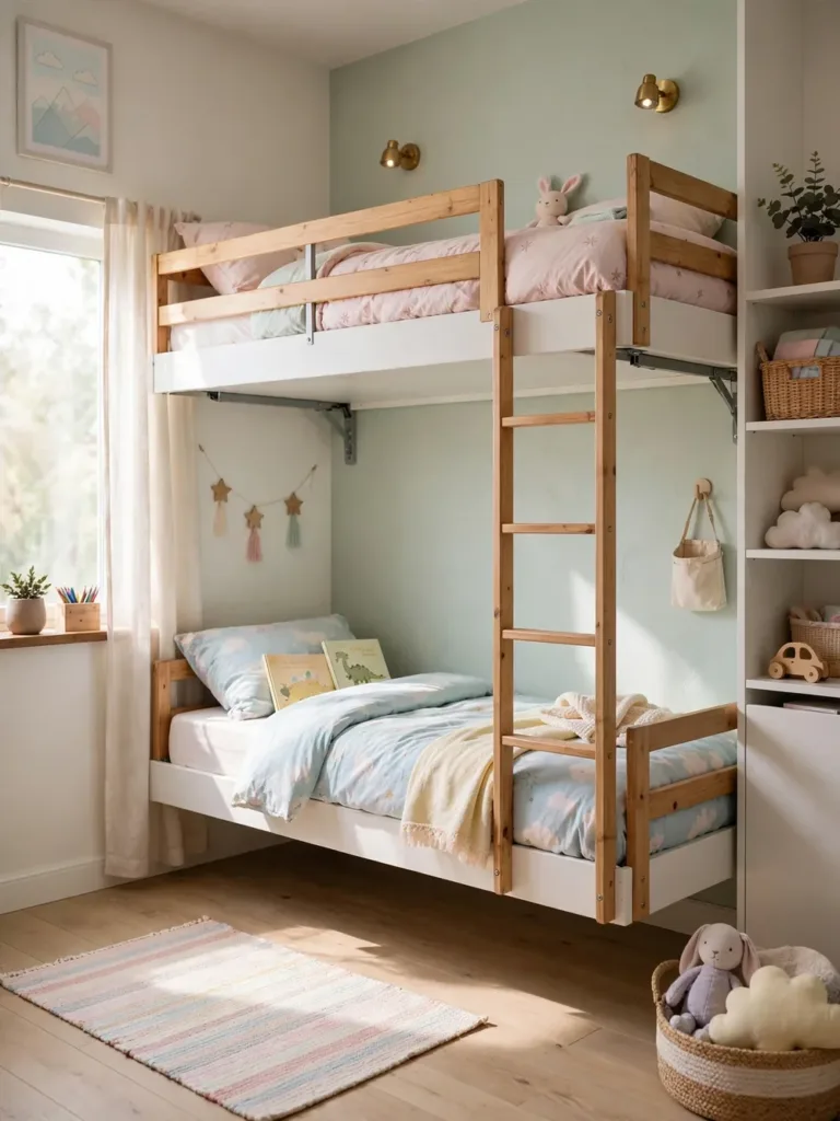 Fold-down bunk beds mounted on a kids bedroom wall with ladder and guard rails