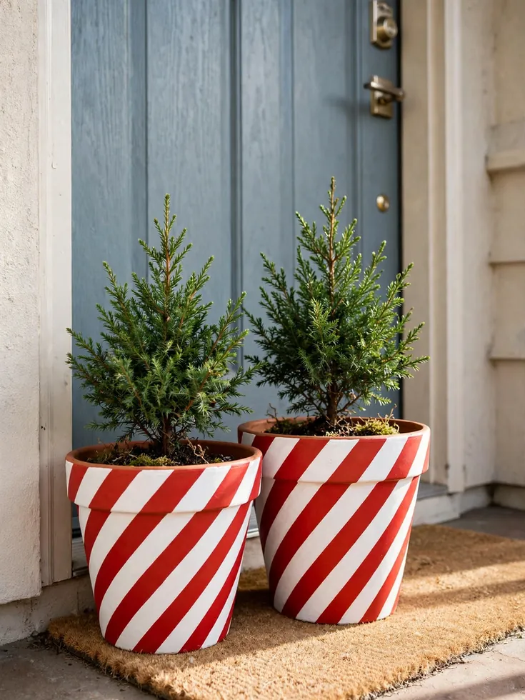 Terracotta pots painted with red-and-white candy cane stripes holding mini evergreens by an entry door