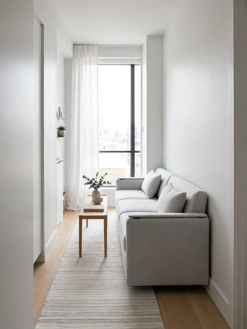 Slim-arm sleeper sofa with narrow track arms in a galley living room