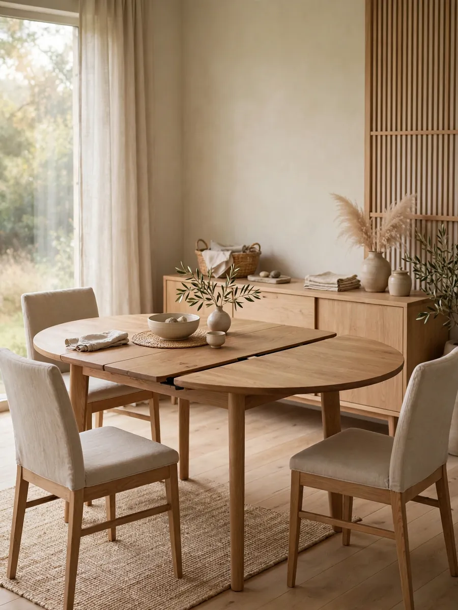 Round-to-oval extendable dining table in a Japandi dining space