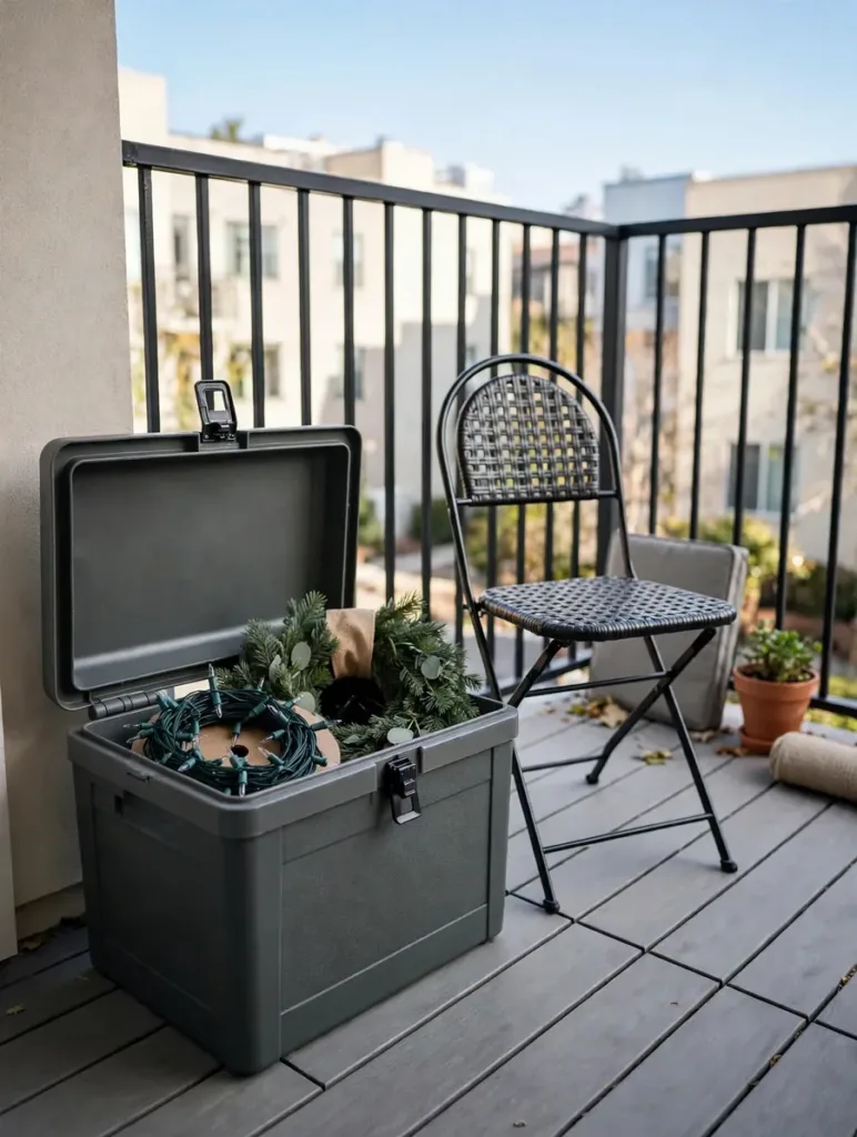 Open weatherproof deck box on an apartment balcony holding outdoor lights and a wreath