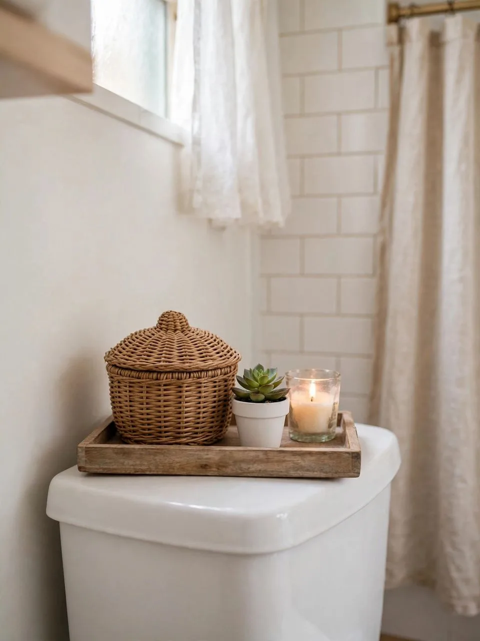 Toilet tank top styled with a tray, basket, plant and candle