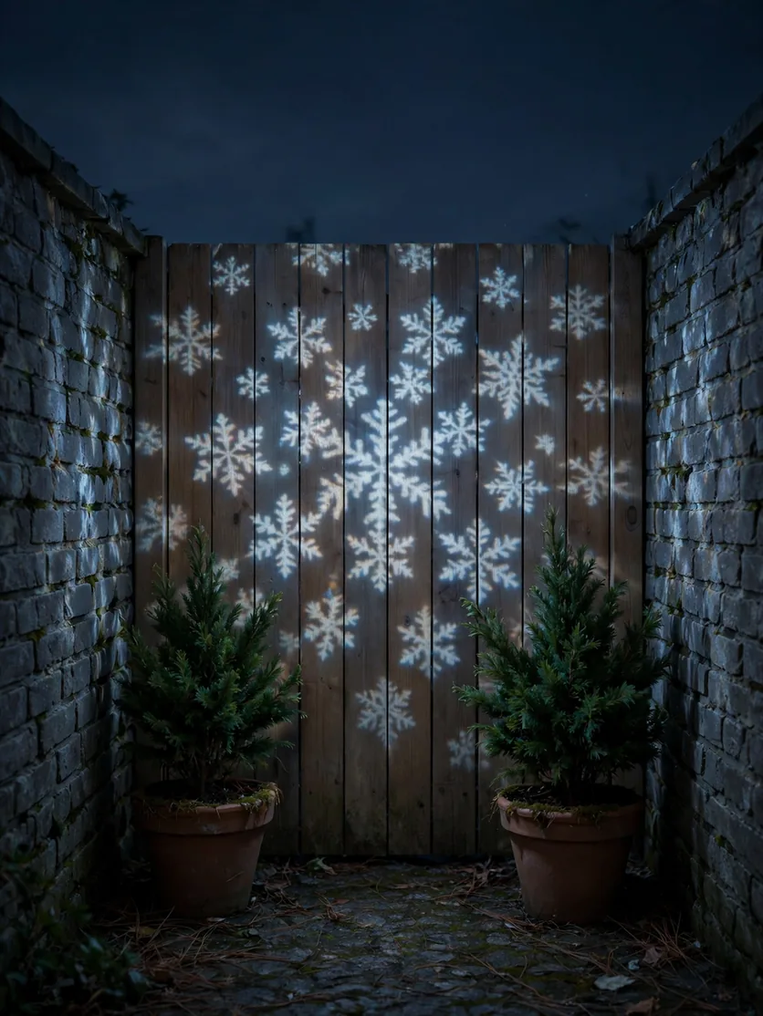 Tiny walled patio at night with projected snowflakes glowing on a wooden fence — an outdoor Christmas decoration with a small equipment footprint